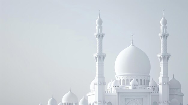 The image is a 3D rendering of a mosque with a white background The mosque has four minarets and a large dome