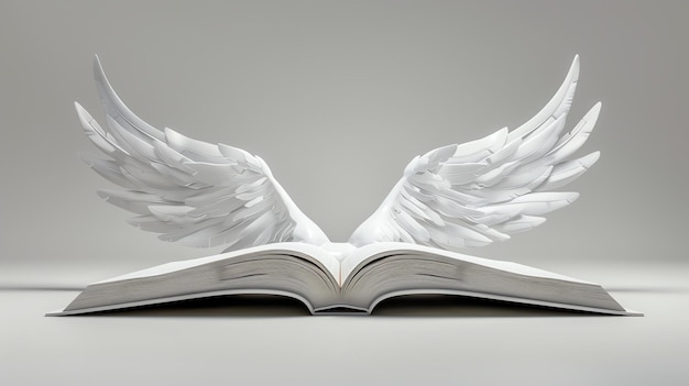 Photo the image is a 3d rendering of an open book with a pair of angel wings made of white feathers