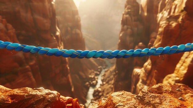 Photo the image is a 3d rendering of a rope bridge over a canyon the bridge is made of blue and green ropes and is surrounded by red rocks