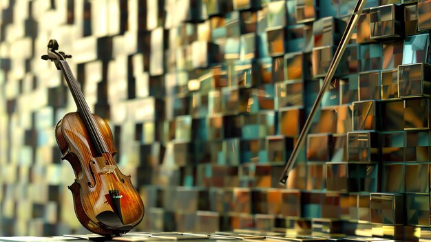 The image is a 3D rendering of a violin The violin is placed on a reflective surface with a blurred background