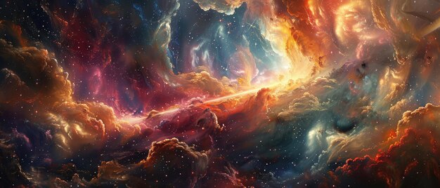 Photo the image is an abstract painting that depicts a colorful and vibrant nebula