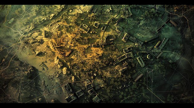 Photo the image is an aerial view of a city in ruins the city is covered in rubble and debris and there are no signs of life