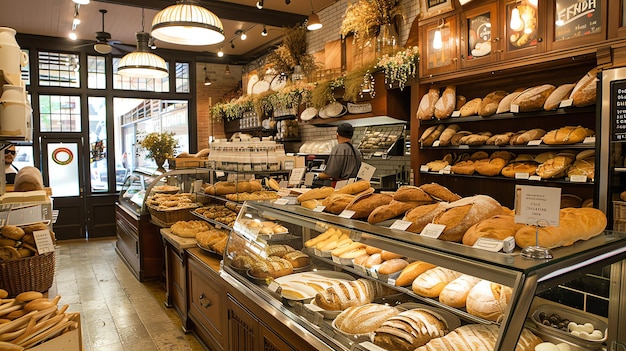 The image is a bakery There are many kinds of bread on the shelves A baker is working in the back The bakery is decorated with flowers and baskets