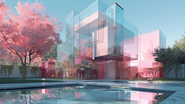 Foto l'immagine è un bellissimo rendering 3d di una moderna casa di vetro con una tonalità rosa