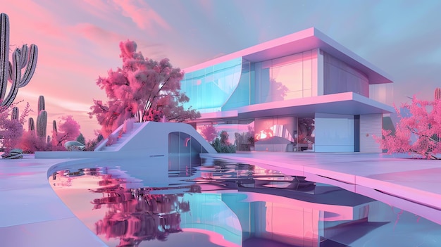 The image is a beautiful 3D rendering of a modern house with a swimming pool The house is white and has a large glass window