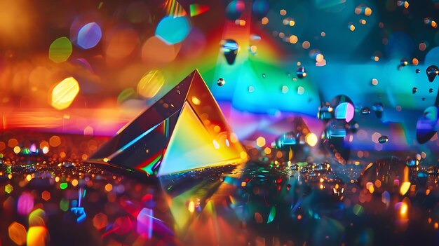 The image is a beautiful abstract background with a prism in the center The prism is refracting light creating a rainbow of colors