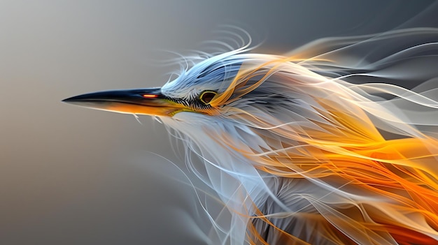 이 그림은 활기찬 색의 새의 아름다운 묘사입니다. 이 새는 날아가는 동안 그 뒤를 따라 흐르는 긴 털의 털을 가지고 있습니다.