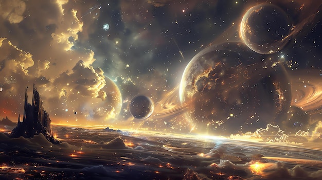 Изображение - красивое изображение далекой планеты. Планета покрыта золотым туманом, а на небе две луны.