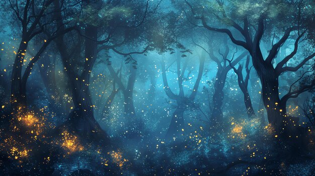 Photo the image is a beautiful depiction of a forest at night the trees are tall and majestic and the moonlight is shining through the leaves