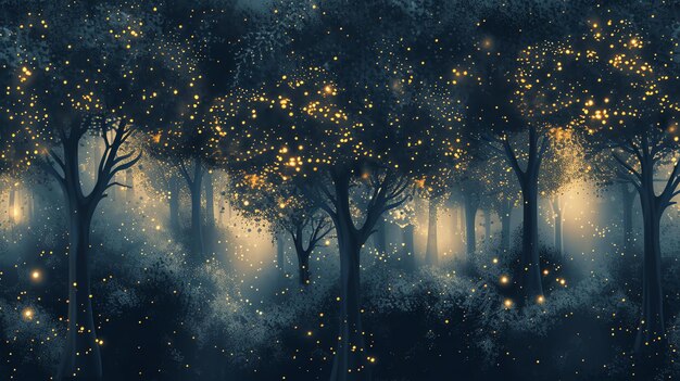 The image is a beautiful depiction of a forest at night