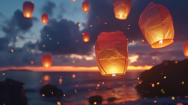 Photo the image is a beautiful depiction of a night sky filled with glowing paper lanterns