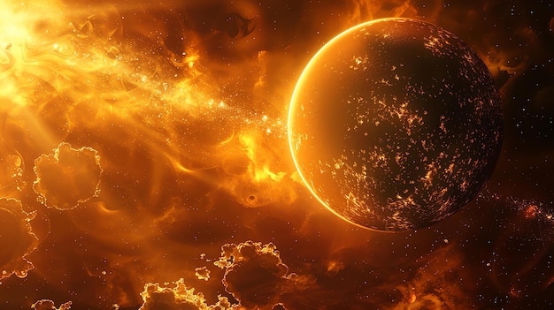 The image is a beautiful depiction of a planet engulfed in flames