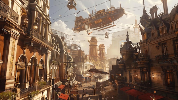 The image is a beautiful depiction of a steampunk city The city is full of tall buildings airships and other