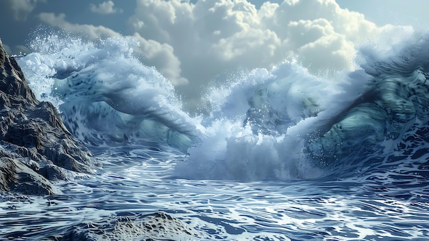 The image is a beautiful depiction of a stormy sea The waves are large and powerful and they crash against the rocky shore with a thunderous roar