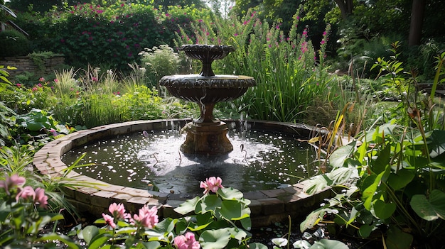 緑豊かな庭の美しい噴水です 噴水は石でできており 2つの階層があります 水は澄んでいて空を反映しています