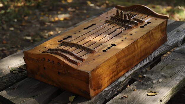 The image is of a beautiful handcrafted wooden dulcimer It is made of a single piece of wood and has a beautiful carved design on the front