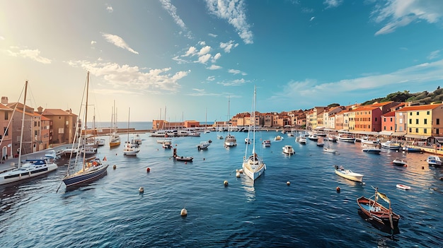 The image is of a beautiful harbor with many boats and yachts docked The water is calm and clear The sky is blue and there are some clouds