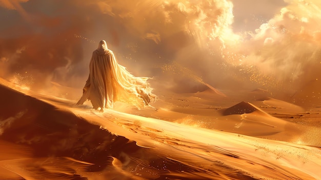 The image is a beautiful landscape of a desert with a figure in a white cloak walking through it