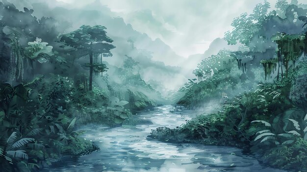 Foto l'immagine è un bellissimo paesaggio di un fiume della giungla il fiume scorre attraverso una giungla verde lussureggiante con alberi alti e densa vegetazione