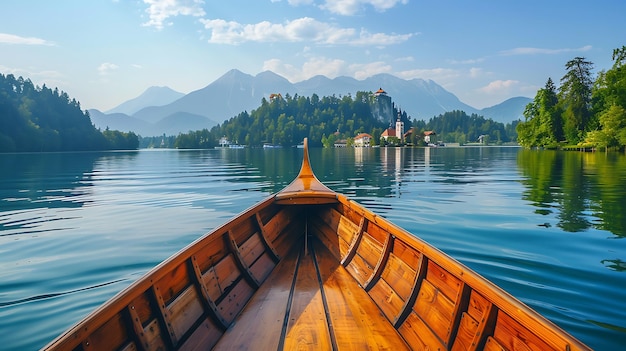 Photo the image is a beautiful landscape of a lake and mountains the water is calm and clear and the sky is blue with hazy clouds