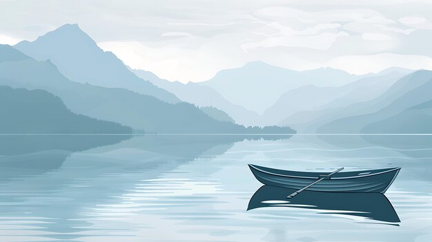 The image is a beautiful landscape of a lake and mountains The water is calm and still and the sky is blue and clear