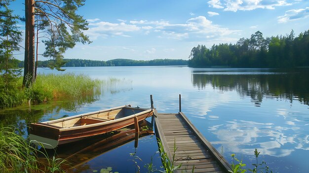 The image is a beautiful landscape of a lake in the summer The water is calm and clear and the sky is blue with a few white clouds