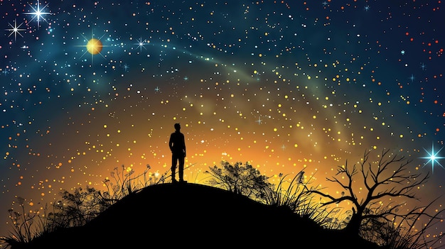 Photo the image is a beautiful landscape of a man standing on a hilltop looking out at a starry night sky