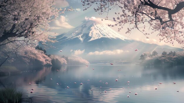 The image is a beautiful landscape of Mount Fuji in Japan The mountain is covered in snow and surrounded by cherry blossoms