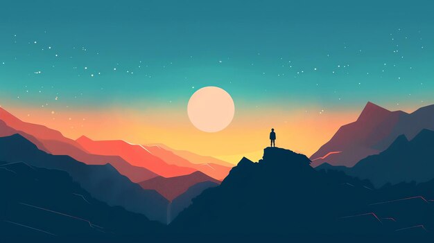 Photo the image is a beautiful landscape of a mountain range at sunset the sky is a gradient of orange pink and blue and the mountains are a deep blue