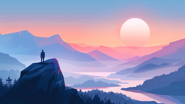 The image is a beautiful landscape of a mountain range at sunset The sky is a gradient of purple and pink and the mountains are a deep blue