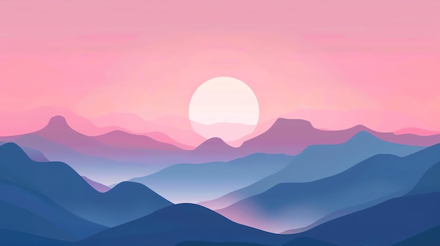 Photo the image is a beautiful landscape of mountains at sunset the sky is a gradient of pink and blue and the sun is a bright yellow