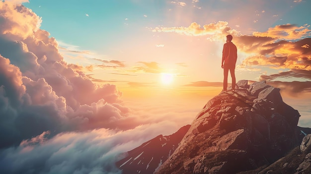 The image is a beautiful landscape photograph of a man standing on a mountaintop overlooking a vast sea of clouds