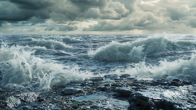 The image is a beautiful landscape of a stormy sea The waves are crashing against the rocks and the sky is dark and cloudy