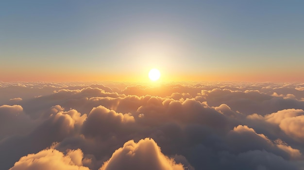 The image is a beautiful landscape of a sunset over the clouds