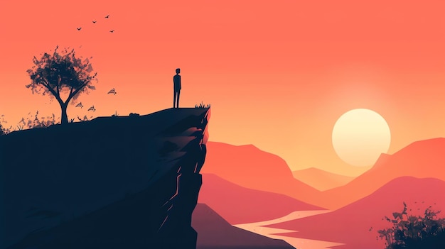 The image is a beautiful landscape with a man standing on a cliff and looking at the sunset