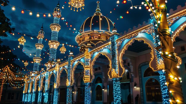 Photo the image is a beautiful night view of a mosque the mosque is lit up with colorful lights