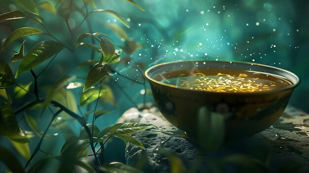 The image is a beautiful and serene depiction of a cup of tea in a natural setting