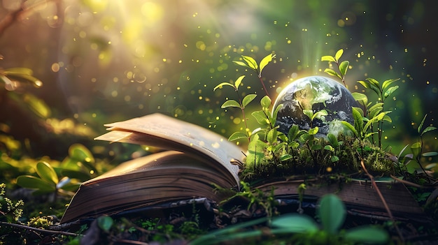 the image is a beautiful and serene landscape a large open book sits in the center of the foreground and a small globe rests on the pages