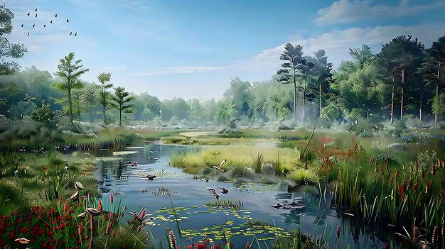 The image is of a beautiful and serene wetland The water is calm and still and the trees are reflected in its surface