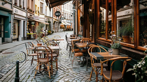 Photo the image is a beautiful shot of a charming european street with a cafe and a few empty tables and chairs outside