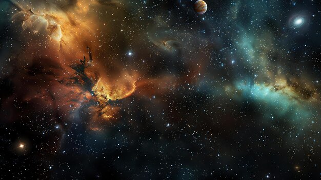 Photo the image is a beautiful space scene with a bright orange nebula and a blue planet