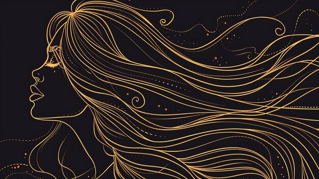 Photo the image is a black background with a gold outline of a womans face the woman is in profile and has long flowing hair