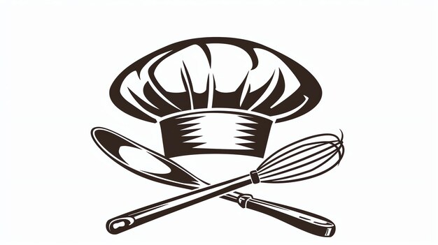 The image is a black and white drawing of a chefs hat with a crossed spoon and whisk