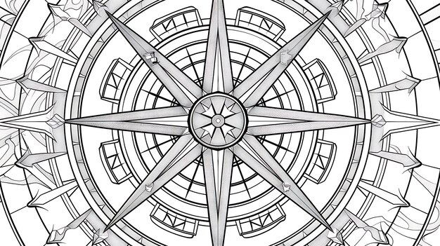 Photo the image is a black and white drawing of a compass the compass has a star in the center and is surrounded by a circle with eight points