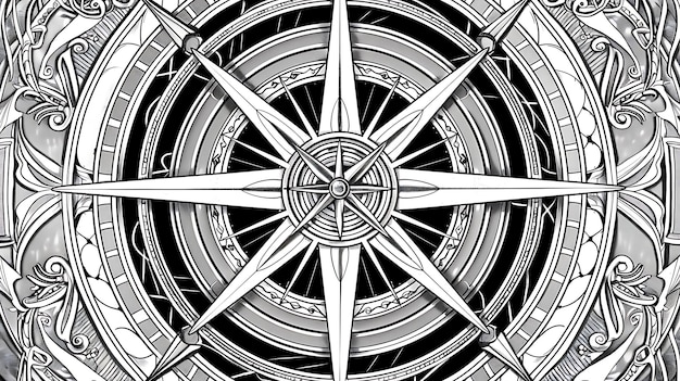 The image is a black and white drawing of a compass The compass is surrounded by a circle of ornate flourishes