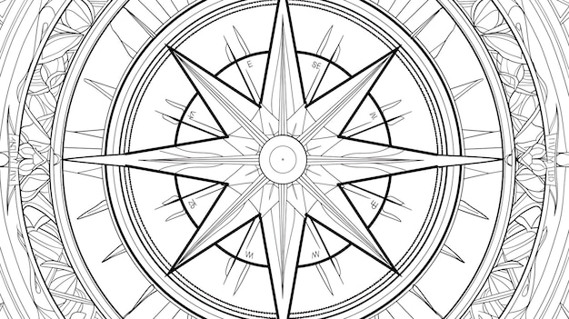 The image is a black and white drawing of a compass The compass is surrounded by a decorative frame with intricate details