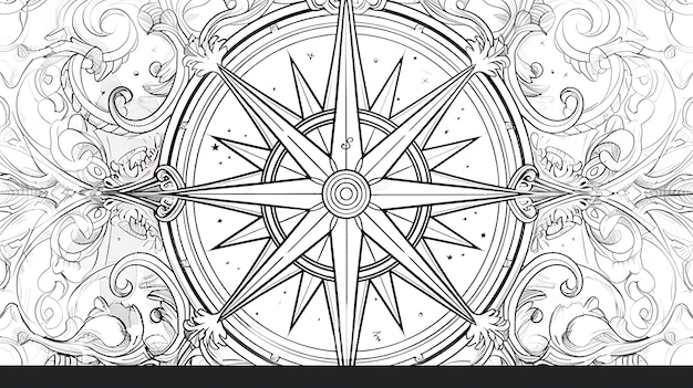 Photo the image is a black and white drawing of a compass rose with ornate flourishes in the background