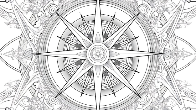 The image is a black and white drawing of a compass