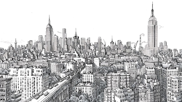 The image is a black and white drawing of the New York City skyline