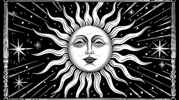 Photo the image is a black and white drawing of a sun with a face the sun has a serene expression on its face and is surrounded by rays